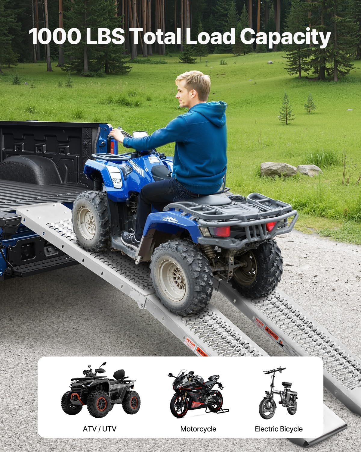 1500 lbs Capacity Folding Aluminum Ramps, 2-Pack Heavy-duty ramps designed for effortless loading of ATVs, motorcycles, lawn mowers, and more into pickup trucks and trailers.