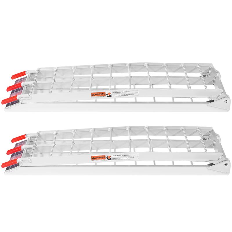 1500 lbs Capacity Folding Aluminum Ramps, 2-Pack Heavy-duty ramps designed for effortless loading of ATVs, motorcycles, lawn mowers, and more into pickup trucks and trailers.