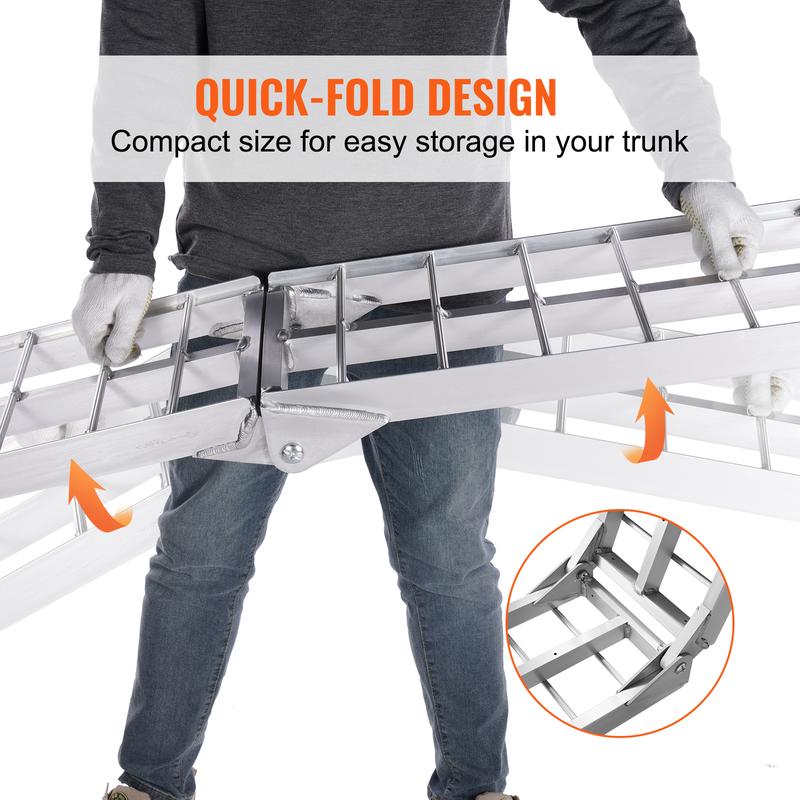 1500 lbs Capacity Folding Aluminum Ramps, 2-Pack Heavy-duty ramps designed for effortless loading of ATVs, motorcycles, lawn mowers, and more into pickup trucks and trailers.
