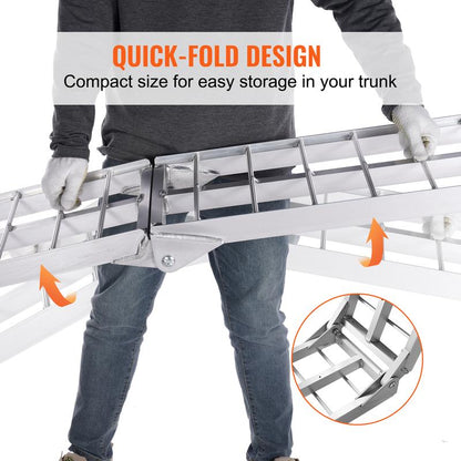 1500 lbs Capacity Folding Aluminum Ramps, 2-Pack Heavy-duty ramps designed for effortless loading of ATVs, motorcycles, lawn mowers, and more into pickup trucks and trailers.