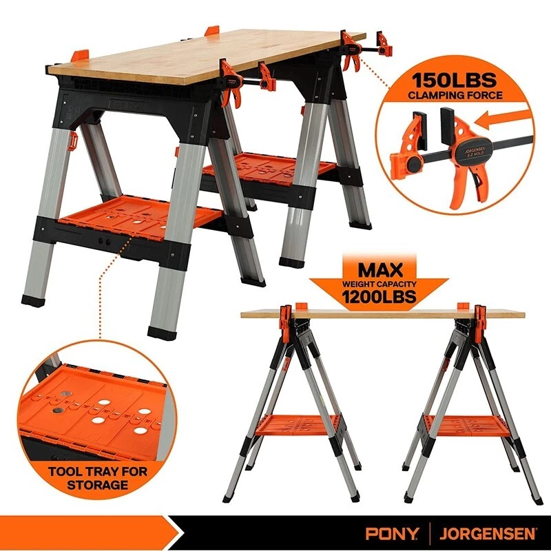 PONY 2-Pack Clamping Sawhorses, 1200 LBS Load Capacity