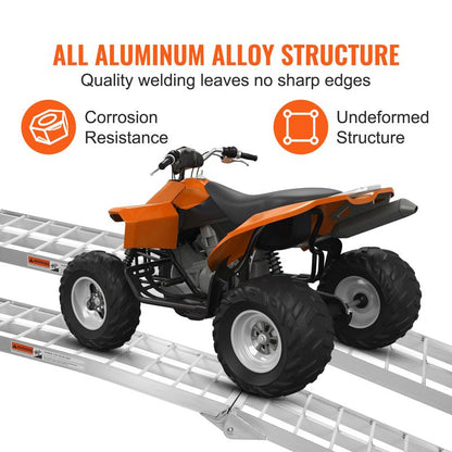 1500 lbs Capacity Folding Aluminum Ramps, 2-Pack Heavy-duty ramps designed for effortless loading of ATVs, motorcycles, lawn mowers, and more into pickup trucks and trailers.