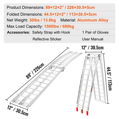 1500 lbs Capacity Folding Aluminum Ramps, 2-Pack Heavy-duty ramps designed for effortless loading of ATVs, motorcycles, lawn mowers, and more into pickup trucks and trailers.