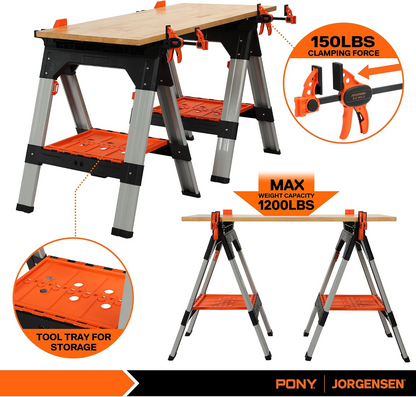 PONY 2-Pack Clamping Sawhorses, 1200 LBS Load Capacity
