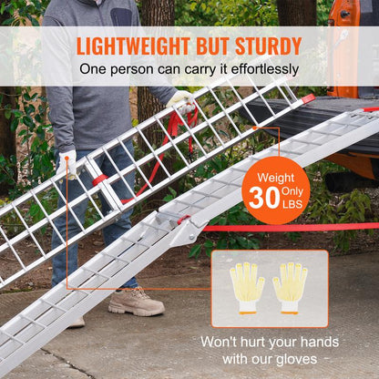 1500 lbs Capacity Folding Aluminum Ramps, 2-Pack Heavy-duty ramps designed for effortless loading of ATVs, motorcycles, lawn mowers, and more into pickup trucks and trailers.