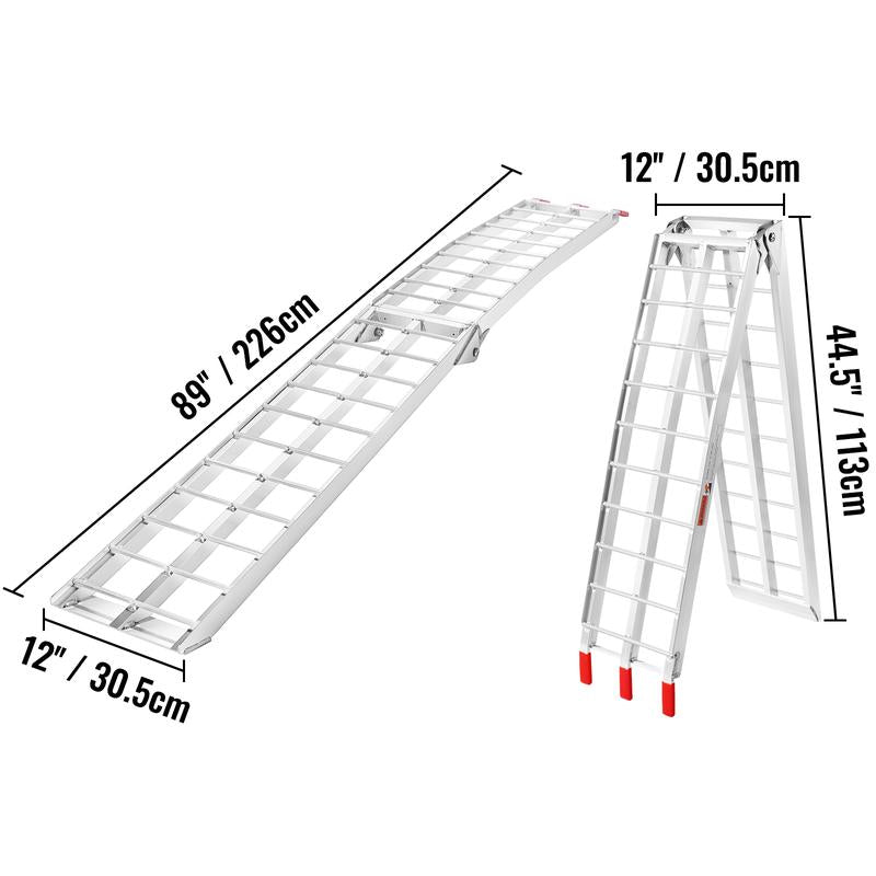 1500 lbs Capacity Folding Aluminum Ramps, 2-Pack Heavy-duty ramps designed for effortless loading of ATVs, motorcycles, lawn mowers, and more into pickup trucks and trailers.