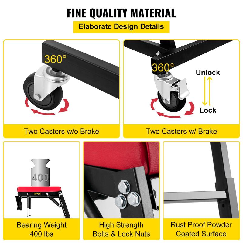400 LBS Capacity Adjustable High Creeper for Auto Repair, Heavy-Duty Foldable Mechanics Creeper with 4 Swivel Casters, Height Adjustable from 48" to 76"