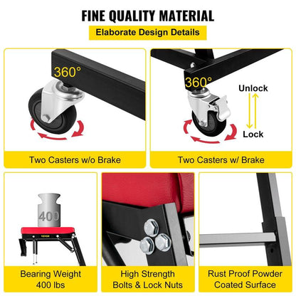 400 LBS Capacity Adjustable High Creeper for Auto Repair, Heavy-Duty Foldable Mechanics Creeper with 4 Swivel Casters, Height Adjustable from 48" to 76"