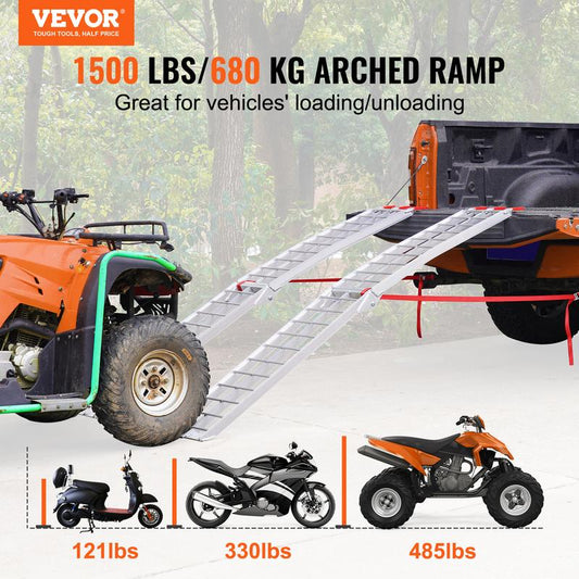 1500 lbs Capacity Folding Aluminum Ramps, 2-Pack Heavy-duty ramps designed for effortless loading of ATVs, motorcycles, lawn mowers, and more into pickup trucks and trailers.